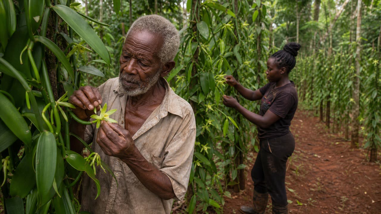 Elderly and young farmers hand-pollinating flowering vanilla vines