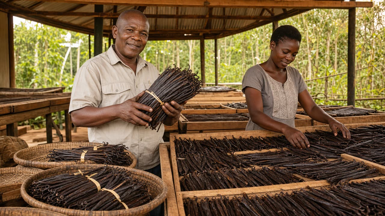 Farmers displaying cured vanilla beans in quantity